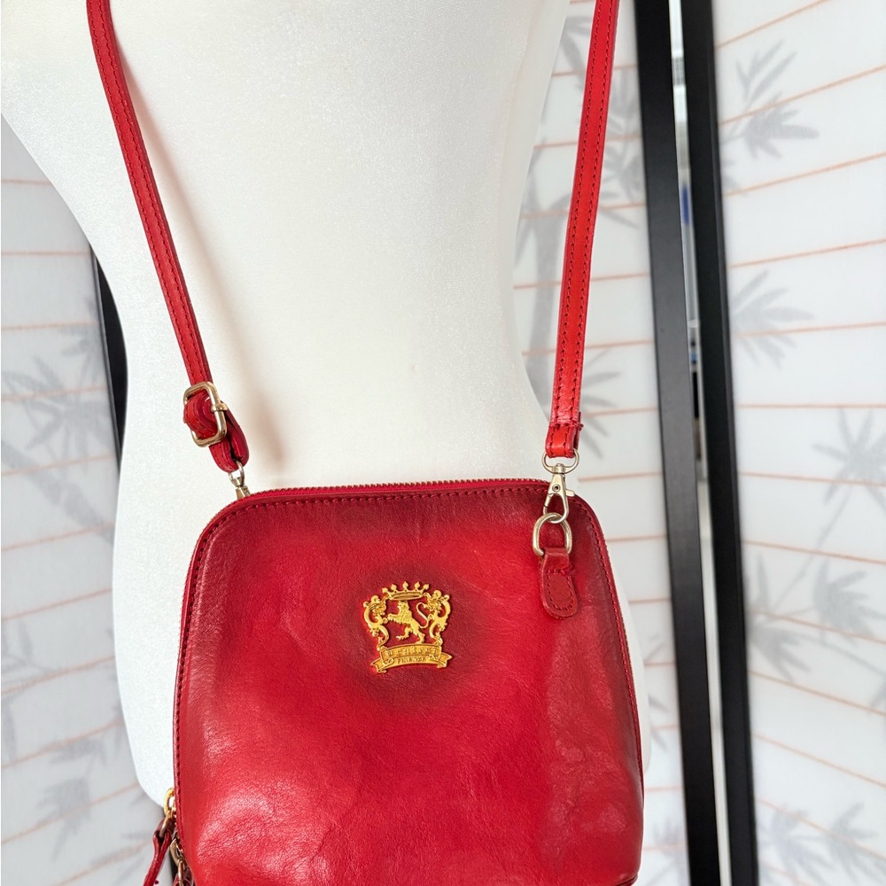 Red Crossbody Shoulder Bag with Gold Crest Accent